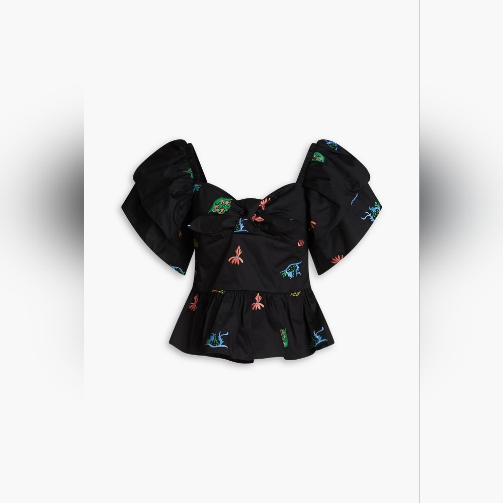 HOFMANN COPENHAGEN Mikela bow-embellished embroidered cotton-poplin top Size 14